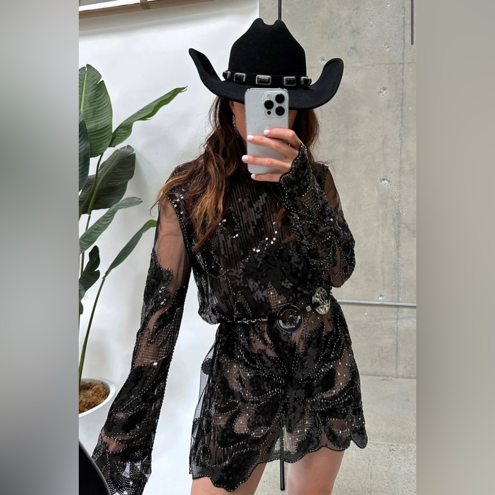 12th Tribe Black Sequin Mesh Long-Sleeve Mini Dress